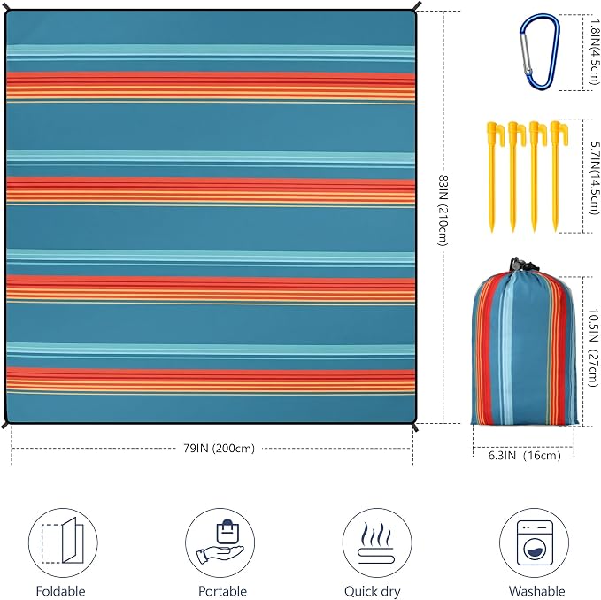 WIWIGO Beach Blanket Waterproof Sandproof Beach Mat 79" X 83"/10'x9'for 2-8 Adults Quick Drying Outdoor Picnic Mat Beach Accessories for Travel, Camping, Hiking