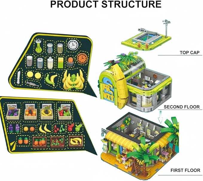 Banana Shop Building Blocks, MOC Creative Fruit Store Architecture Toy Set with LED Light, STEM Construction Toy Gift Idea for Adults & Teens(2165 PCS)