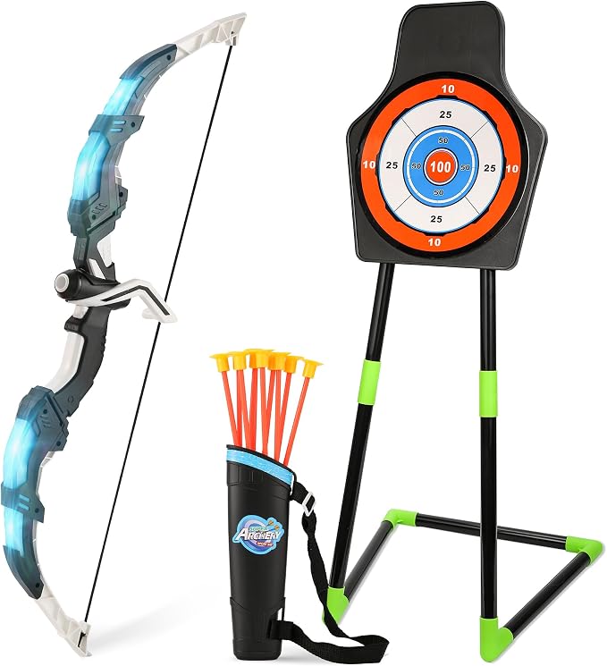 Bow and Arrow Set for Kids, 2 Pack LED Light Up Archery Set with 20 Suction Cup Arrows, Indoor and Outdoor Toy for Boys Girls Age 4-8 8-12 with Standing Target&2 Quivers, Birthday Gift 3-12 Years Old