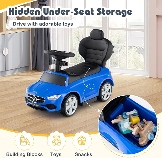 Costzon Push Car for Toddlers, 3 in 1 Mercedes Benz Stroller Sliding Walking Car w/Canopy, Handle, Safety Bar, Horn Sound, Underneath Storage, Foot-to-Floor Ride On Toy for Boys & Girls (Blue)