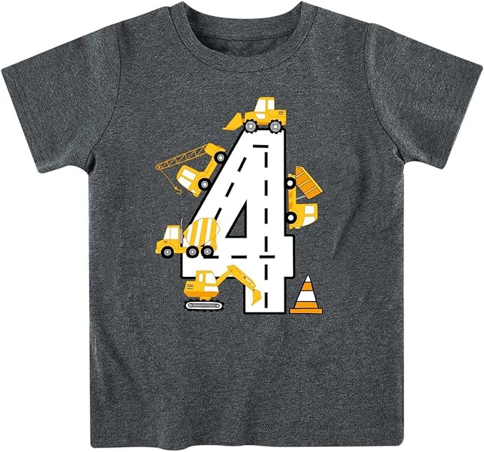 Lovekider 2-5 Years Birthday Boy Shirt Construction Party T-Shirts Excavator Cotton Short Sleeve Tee Dark Grey