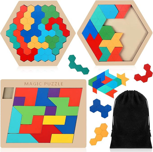 Yunsailing 3 Pack Large Wooden Blocks Puzzles Hexagon Tangram Puzzle Wooden Russian Brain Puzzles for Adult Challenge Teasers Geometric Jigsaw Logic Iq STEM Educational Gift Graduation(Fancy)