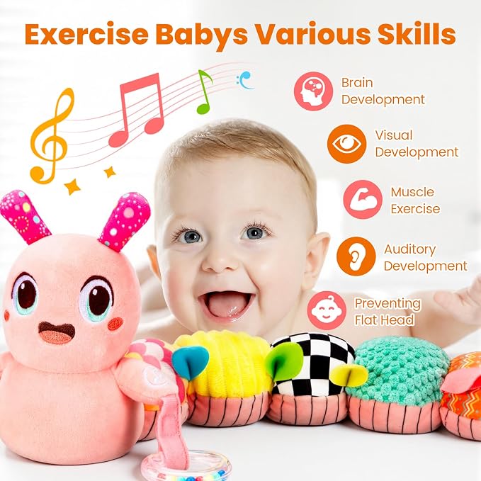 GoGonova Musical Caterpillar Baby Sensory Toy for Infant Development 0-12 Months – Tummy Time Crawler & Teether – Newborn Bath, Car Seat, Stroller & Bassinet Activity Toy & Gift(Pink)