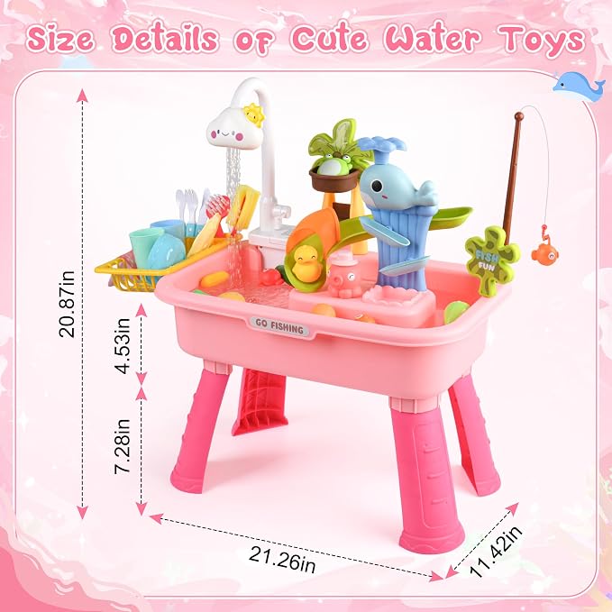 Kids Sand Water Table — 4-in-1 Kitchen Sink Toy with Electric Water Pump, Faucet, Play Food Accessories & Fishing Set, for Boys & Girls Age 3+ (Pink-Cloud)