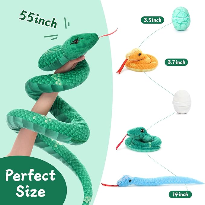 Muiteiur Giant 6 Piece Snake Stuffed Animal, 55 inch Mommy Snake with 3 Baby&2 Egg, Green Large Jungle Plush Toy, Realistic Serpent Plush Toy Gift for Kids Girls Boys