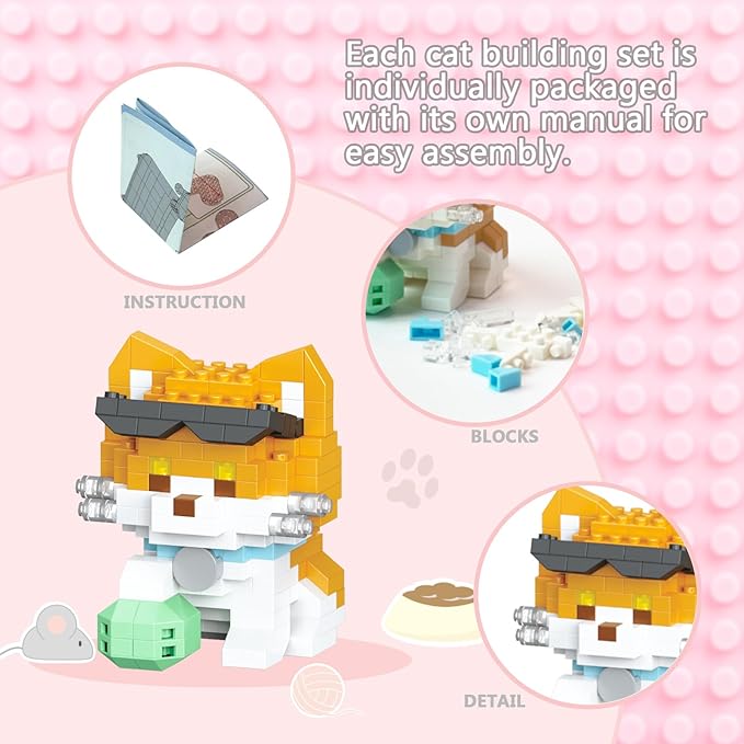 10 Packs Mini Building Blocks Cats Set, Cat Building Kit Party Favors Toy, Interlocking Bricks, DIY Animal Figure Creative Birthday Gifts