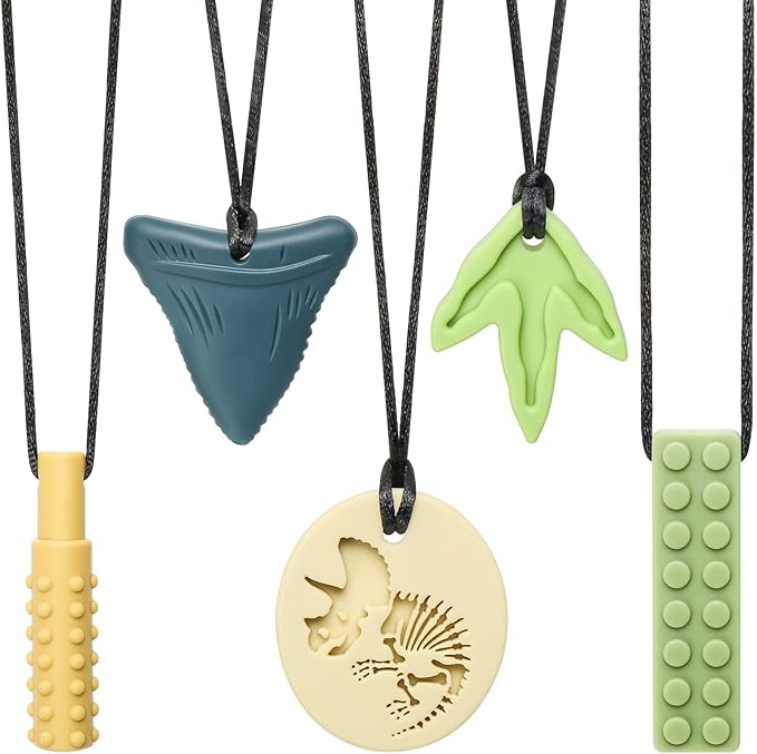 MISSLILI Sensory Chew Necklaces for Aggressive Chewers - Silicone Chewelry for Autism, ADHD, Oral Motor Therapy & Baby Teething - Dinosaur (BPA-Free, Textured Surface)