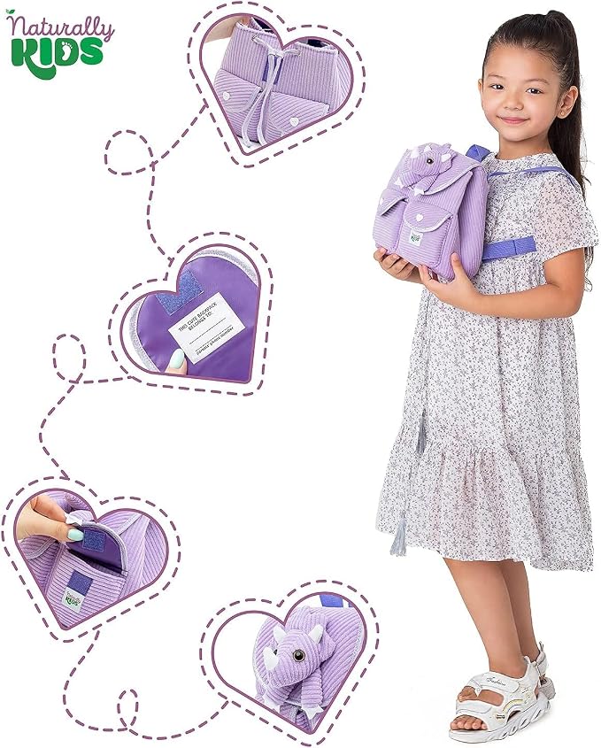 Purple Dinosaur Triceratops Mini Backpack for Kids, Mini Backpack for Toddler Girls, Gift for 2 3 4 5 Year Old Girl Boy