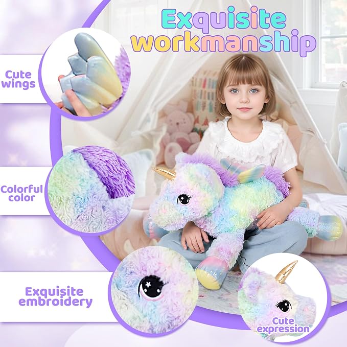 FFxiong 24 Inch Rose Rainbow Colors Unicorn Stuffed Animal Plush Toy with Wings Soft Cute Large Unicorn Plushies Animals Pillow Gift for Children Boy Girl Kids Valentine Birthday Decorations