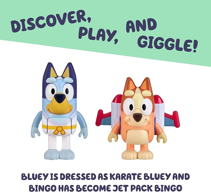 Bluey Action Heroes Toy Figures Set of 2, Articulated Character Toys with Karate and Jet Pack Figurines, Small Action Figures for Kids Ages 3+