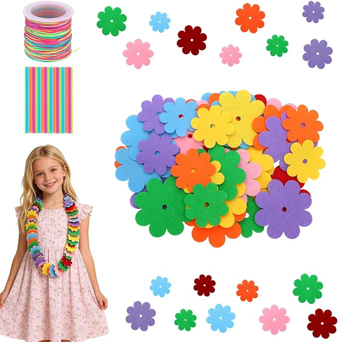 Cosweet Lei Making Craft Kit for Kids - Hawaiian Leis Bulk Makes 24 Flower Necklaces with 1000 Felt Flowers, Lei Craft Supplies for VBS, Classroom Activities & Luau Party Favors