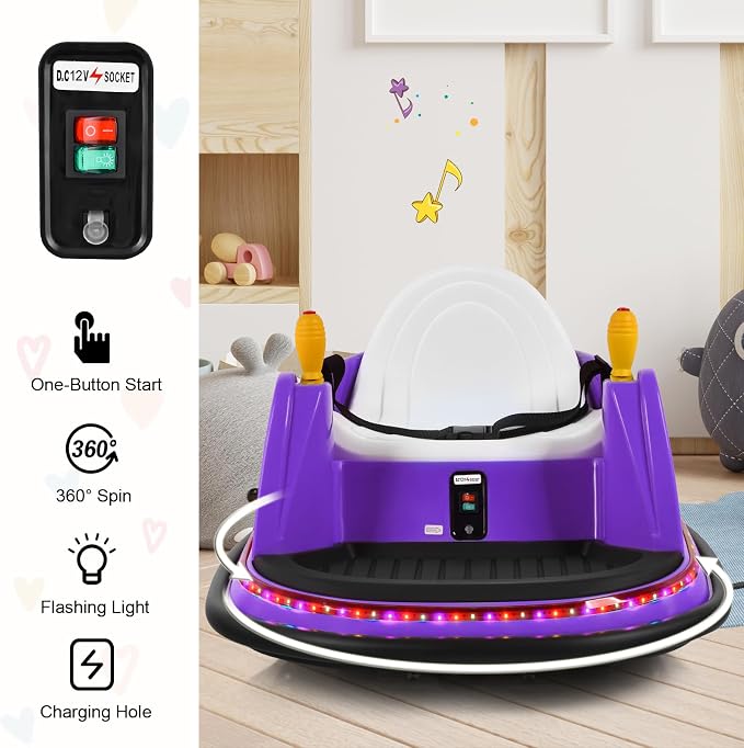 Costzon Bumper Car for Kids, 12V Electric Toddler Bumping Car with Remote Control, Dual Joysticks, 360 Spin, Music, Flashing Lights, Slow Star, Kids Bumper Car Ride on Toy for Boy Girl Gift (Purple)