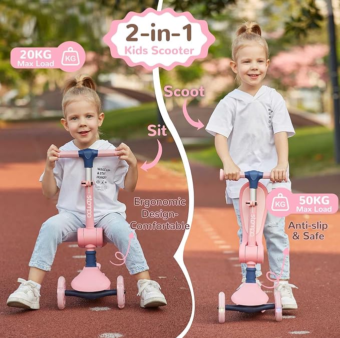 Stompa Kids Scooter 2-in-1 Light Up 3 Wheel Scooters with 4 Levels Adjustable Handlebar, Foldable Seat, Widen Non-Slip Deck for Girls & Boys Max 110 Lbs