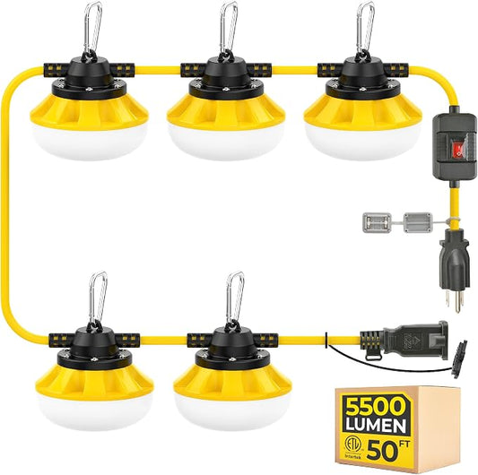 50FT 3-Prong Construction String Lights with Switch, LED Work Light, ETL Certified, IP65 Waterproof, Linkable up to 16 Sets, for Jobsite, Attic, Garage