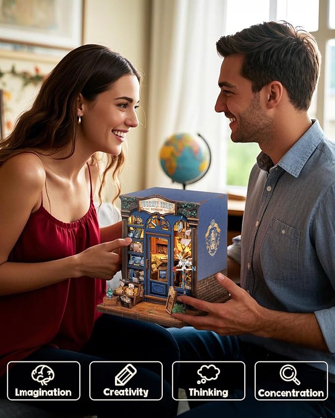 Cutefun Book Nook Kit - DIY Miniature Dollhouse Booknook Kit for Adults and Teens, 3D Wooden Puzzle Bookshelf Insert Decor with LED Light, Gifts for Book Lovers and Beginners (Journey Trace Bookshop)