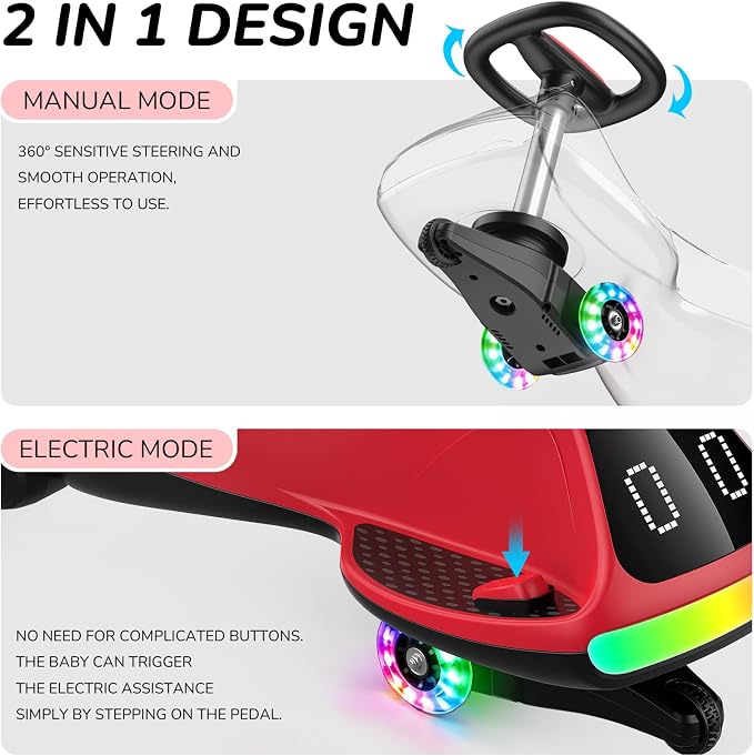 Umatoll 12V Electric Wiggle Car for Kids with Pedal, Display, Rechargeable Battery, LED Light, Bluetooth, Light-Up Wheels, Anti-Rollover, 2 Speeds, Ride on Toys, Birthday Gifts for Age 3+, 150Lbs