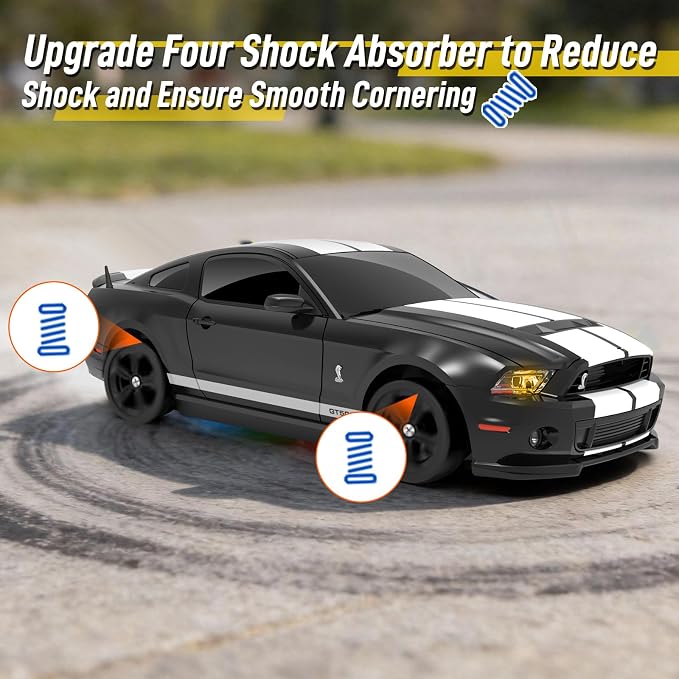 YONCHER RC Drift Car, Remote Control Car for Kids Ford Mustang Shelby GT500 Officially Licensed, 1:24 20KM/H 4WD with Lights, Fast Racing Toy Car for Boys Girls, Black