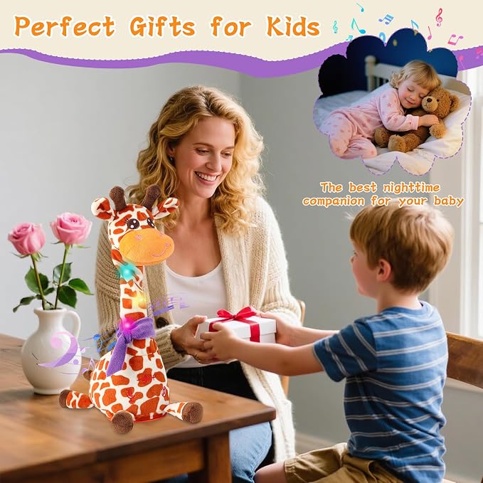 Dancing Talking Giraffe Toy, Stuffed Animal Baby Toy Repeating What You Say, Glowing Musical Giraffe Gifts for Toddlers 1-3 Years Old, for Kids (New Giraffe)