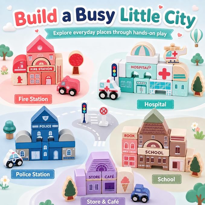 Migargle Wooden Building Blocks Set, 115 Pcs City Construction Stacker Stacking Preschool Learning Educational Toys, Toddler Toys for 3+ Year Old Boy and Girl Gifts