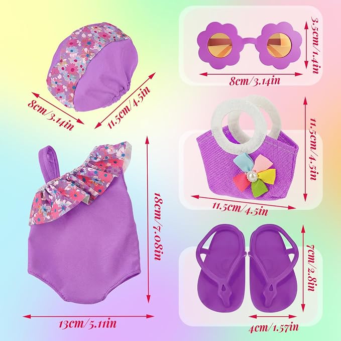 Kajaia 8 Pcs Lavender Purple 18 Inch Doll Clothes and Accessories Doll Swimsuit Dress Flip Flops Hat Outfit Swimsuit Accessories