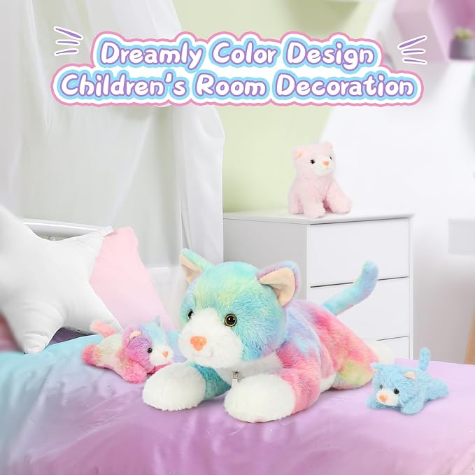 Muiteiur 4 Piece Cats Stuffed Animals, 15.7 inch Mom Plush Cat with 3 Kittens Stuffed in Zipper Pouch, Cute Rainbow Mom and Baby Stuffed Kitten for Kids Girls Boys Gift for Birthday