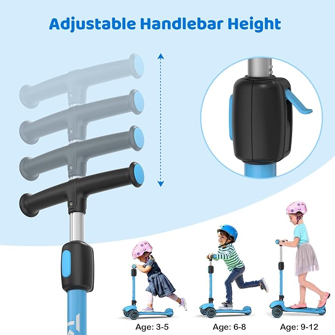 TONBUX Kids Scooter, Light Up 3 Wheel Kick Scooters for Kids 3-12, Folding Scooters with Adjustable Height - Toddler Scooter Lean-to-Steer & Widen Anti-Slip Deck