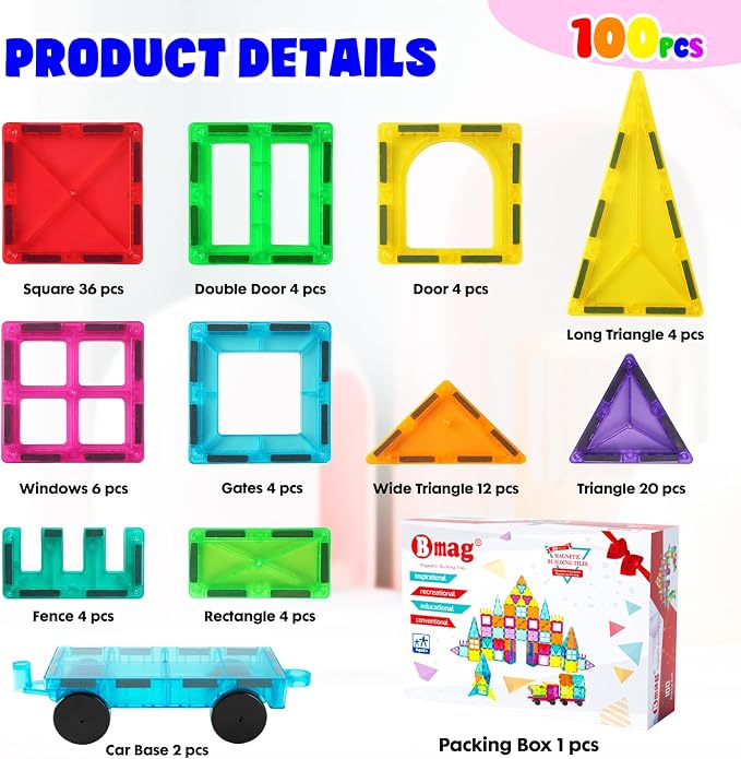 Bmag 100PCS Magnet Building Blocks with 2 Cars for Kids, Magnetic Tiles Stacking Building Set for Boys Girls, STEM Preschool Educational Learning Construction Toy