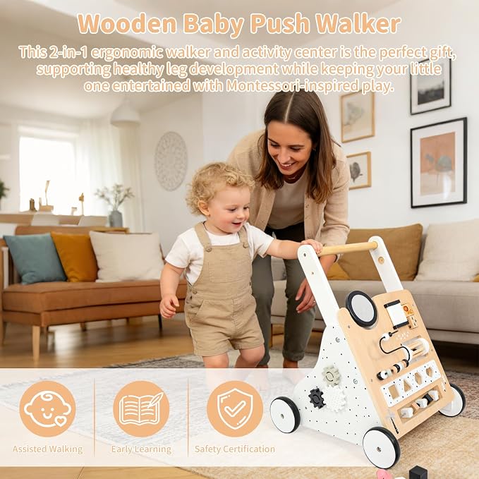 Wooden Baby Walker for Toddlers 1-3, Adjustable Height Montessori Push Toy with 9-in-1 Activity Center, Baby Push Walker with Wheels for Learning to Walk, Gift for 12 Month Old Girls Boys