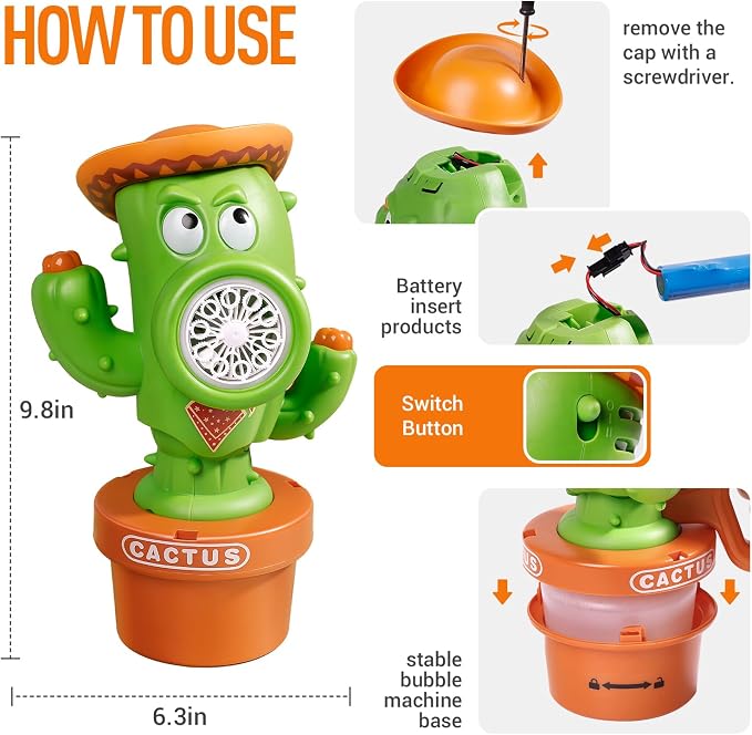 Cactus Bubble Machine, Automatic Rechargeable Bubble Blower for Kids with Handheld,Lights and Music, Dancing Cactus Toy Bubble Maker for Bathtub Bath,Outdoor Birthday Wedding Party