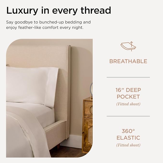 Threadmill 100% Cotton Sheets for King Size Bed - 600 Thread Count King Bed Sheets Set with 16” Deep Pocket - Sateen Weave 4-Piece Bedding Set with Cooling Effect, White