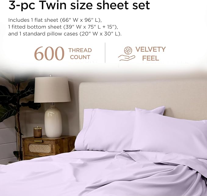 Threadmill Sheets for Twin Mattress | 600 Thread Count Twin Bed Sheets Set with 15” Deep Pocket | Sateen Weave 3-Piece Bedding Set with Cooling Effect | Lilac