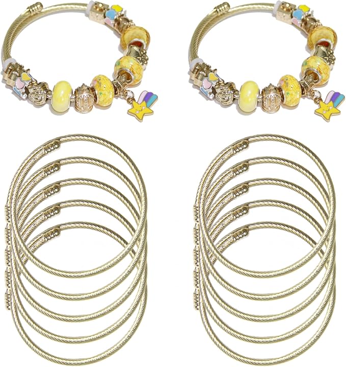 Exway 10 Pcs Elastic charm Bracelet chain Stainless Steel Cable Wire Twisted Cuff Bangle Bracelet Gold charm Bracelets Kit for Crafts DIY Women Jewelry Making
