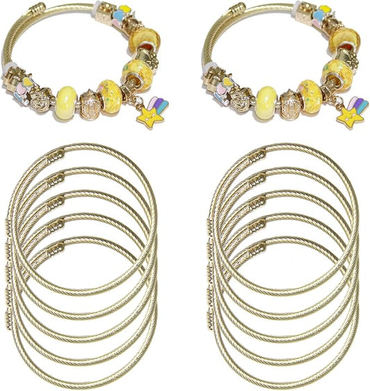 Exway 10 Pcs Elastic charm Bracelet chain Stainless Steel Cable Wire Twisted Cuff Bangle Bracelet Gold charm Bracelets Kit for Crafts DIY Women Jewelry Making