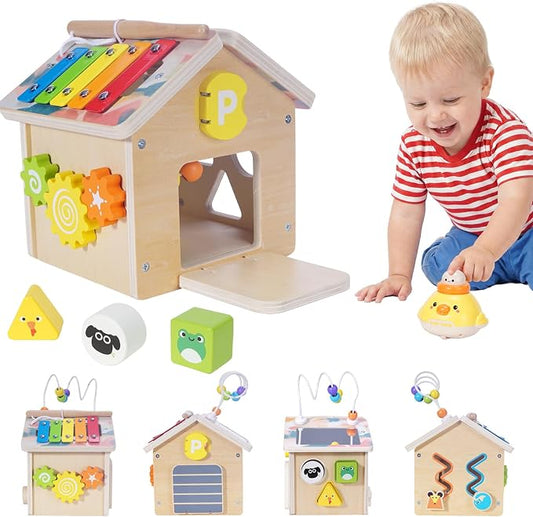 Wooden Activity Cube for Toddlers 1-3 with Press to Go Car Toy, Montessori Baby Educational Learning Toys for Kids, Multipurpose Infant Activity Center, for Girls Boys 1+ Year Old