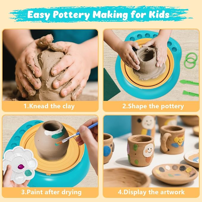 Pottery Wheel for Kids with Complete Clay Kit,Beginner Pottery Painting Set with Air Dry Clay,12 Paints,Sculpting Tools,Apron and Guide,Arts and Crafts Christmas Birthday Gift for Girls Boys Ages 6-12