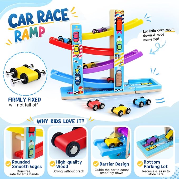 Heirio Montessori Toys for 1 2 3 Year Old Boy Girl - No Assembly Wooden Car Ramp Toy with 4 Race Cars & Parking Lot Garage, Perfect 18 Month 2nd 3rd Birthday Gifts for Toddlers Kids