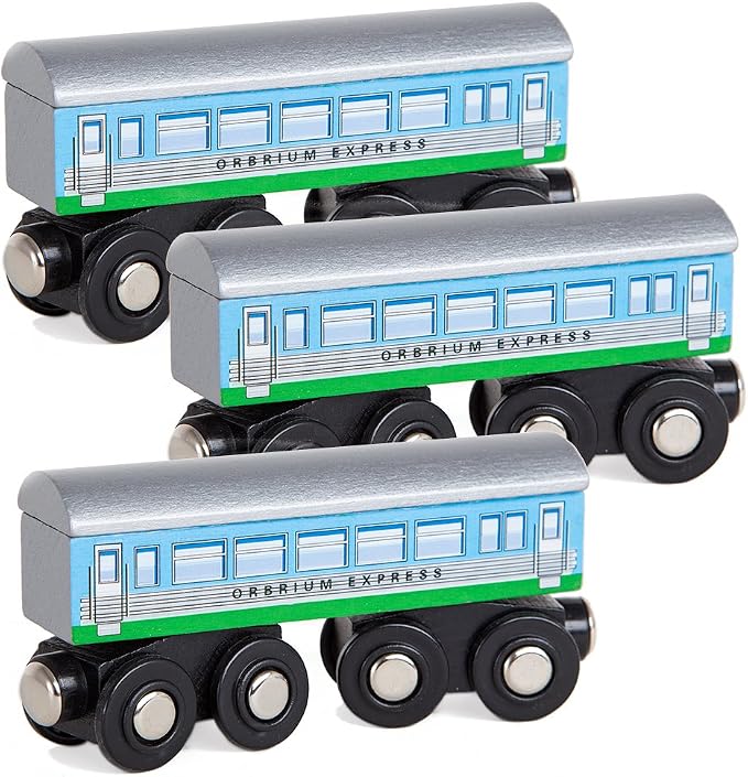 Orbrium 3 Pcs Large Wooden Railway Express Coach Cars, Compatible with Thomas & Friends Push-Along the Tank Engine, Brio, Chuggington Wooden Train