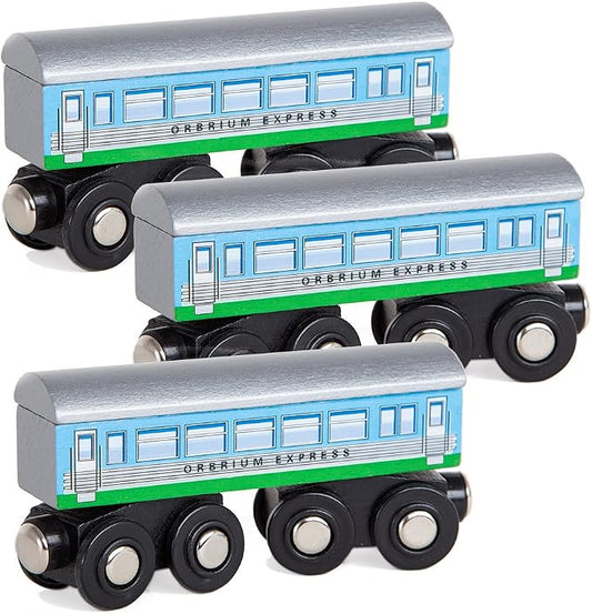 Orbrium 3 Pcs Large Wooden Railway Express Coach Cars, Compatible with Thomas & Friends Push-Along the Tank Engine, Brio, Chuggington Wooden Train
