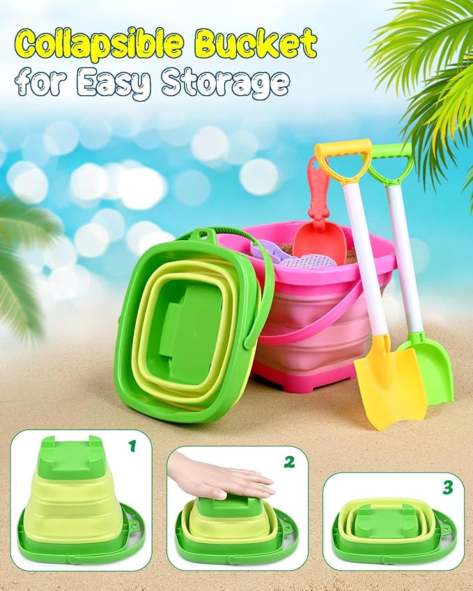 Collapsible Beach Sand Toys for Kids Toddlers with Sand Bucket, Marine Animal Molds, Castle Building Molds, Shovels, Storage Mesh Bag, Travel Sand Toys for Boys Girls (23PCS ( 2 Sand Buckets ))