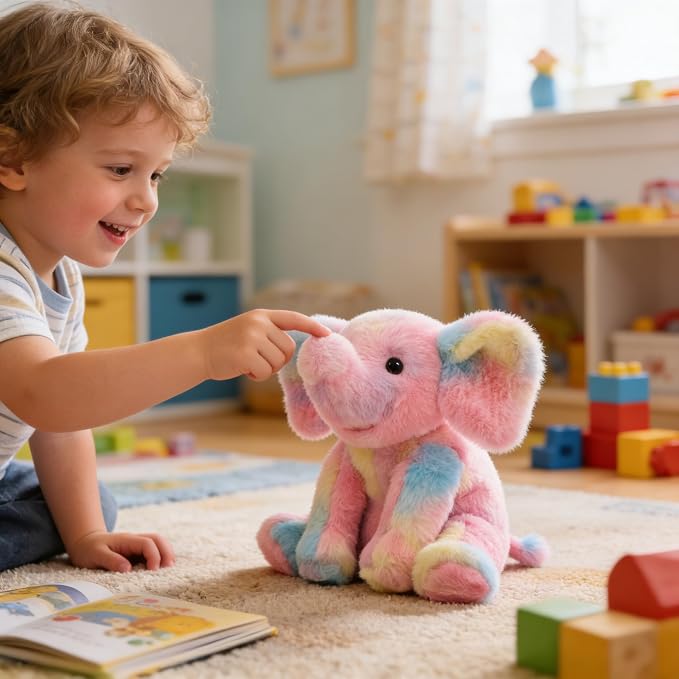 Hopearl Adorable Plush Calf Elephant Toy Floppy Elephish Ultra Soft Haggable Stuffed Animal Holiday Birthday Gift for Boys Girls Kids Toddlers, Rainbow, 9''