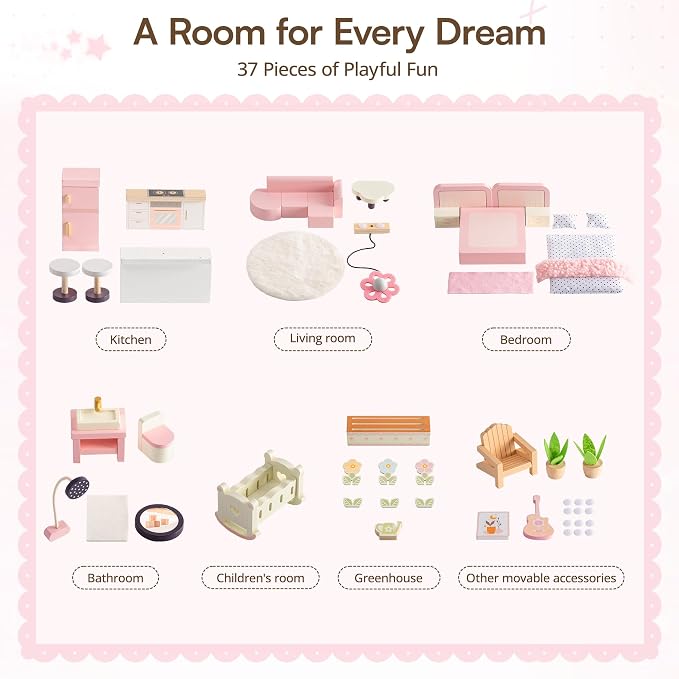ROBOTIME Wooden Doll House, Dollhouse with 6 Open Rooms, 37 Pcs DIY Modular Doll House Furniture Accessories, Pretend Dollhouse Creative Gift for Girl Ages 3+ (Pink)
