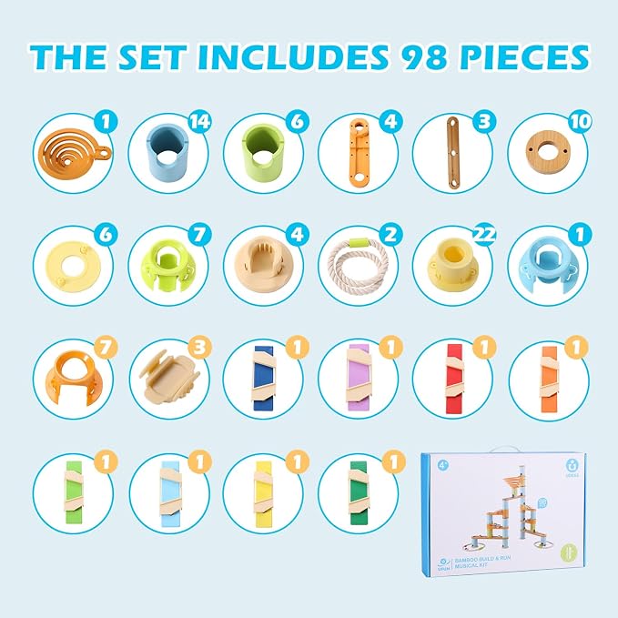 Natural Bamboo Marble Run Toy Set — Musical STEM Building Blocks for Kids — Shatter-Proof Design with Clever Cord-Catch — Eco-Friendly Educational Gift — 98 Pcs