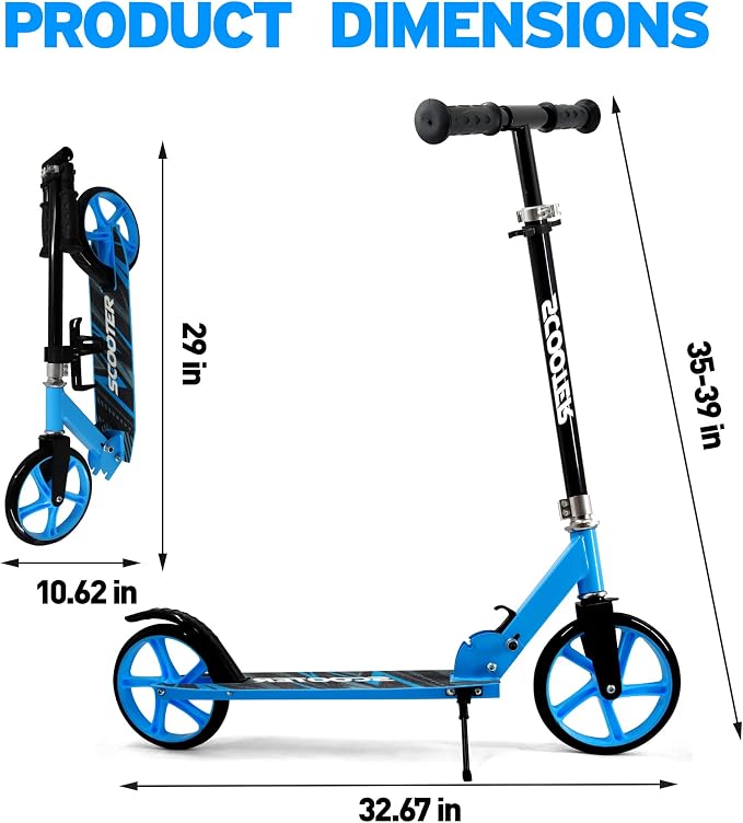 Scooter for Kids Ages 6+, Teens & Adults, Max Load 240 LBS, Foldable Kick Scooter with 8-inch Big Wheels, Kickstand, 3 Adjustable Levels, Rear Brake,