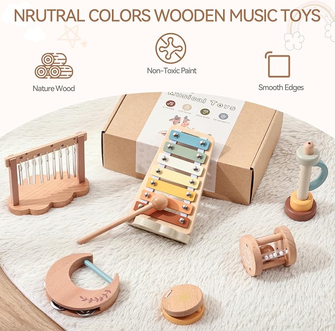 Wooden Xylophone Musical Instrument Sets Toy for Kids, Rattle Bell Montessori Cloud Toddler Music Percussion Toys, Christmas Birthday Gifts for Boys Girls 3 Year+