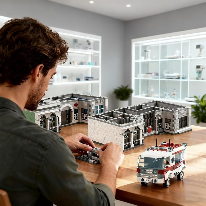 2-in-1 City Emergency Hospital Building Kit, MOC Street View Architecture 3 Levels Modular Buildings with 17 Figures, Construction Sets Ideas Present for Adults (4953 Pcs)