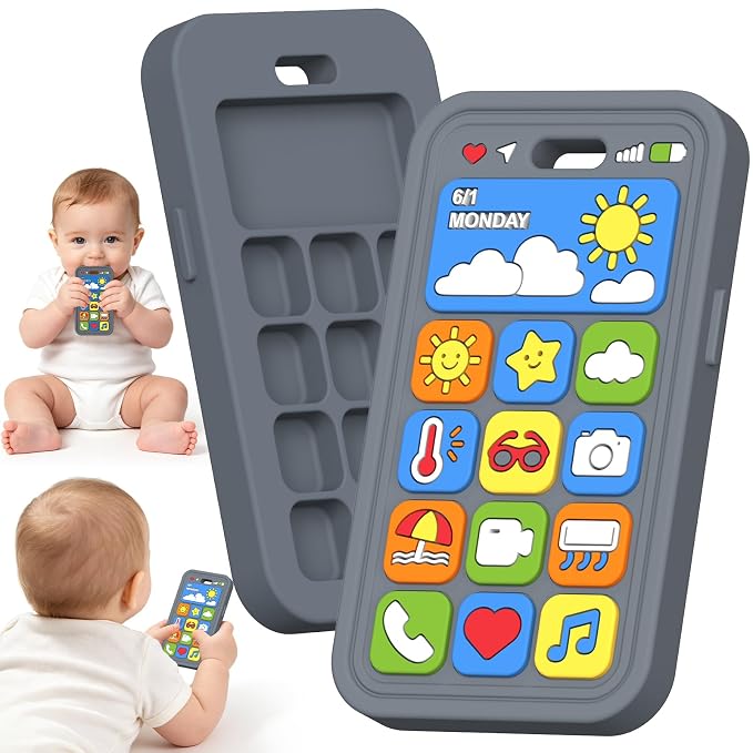 Baby Teething Toys Silicone Baby Phone Teether Over 3 Months - Sensory Chew Toys Baby Teether for Teething Relief - BPA Free Infant Toys Baby Shower Gifts (1, Grey)