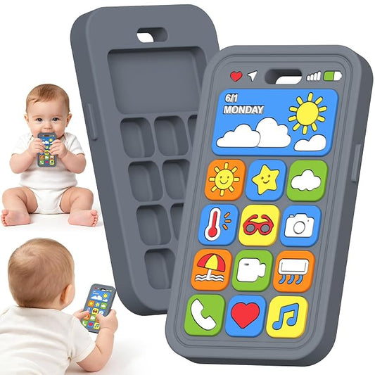 Baby Teething Toys Silicone Baby Phone Teether Over 3 Months - Sensory Chew Toys Baby Teether for Teething Relief - BPA Free Infant Toys Baby Shower Gifts (1, Grey)
