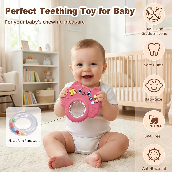 Teething Toys for Baby, Sensory Baby Chew Toy, Rattle Teether Toys for Babies 0-3-6-12 Months, Silicone TV Remote Control Shape for New Baby Gift (Pink)