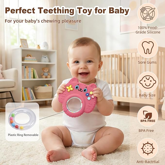 2Pack Teething Toys for Baby 3-6 Months, Teethers for Babies 6-12 Months, Remote Rattle Ring Teether for Baby, Sensory Toys for Babies, Baby Chew Toy