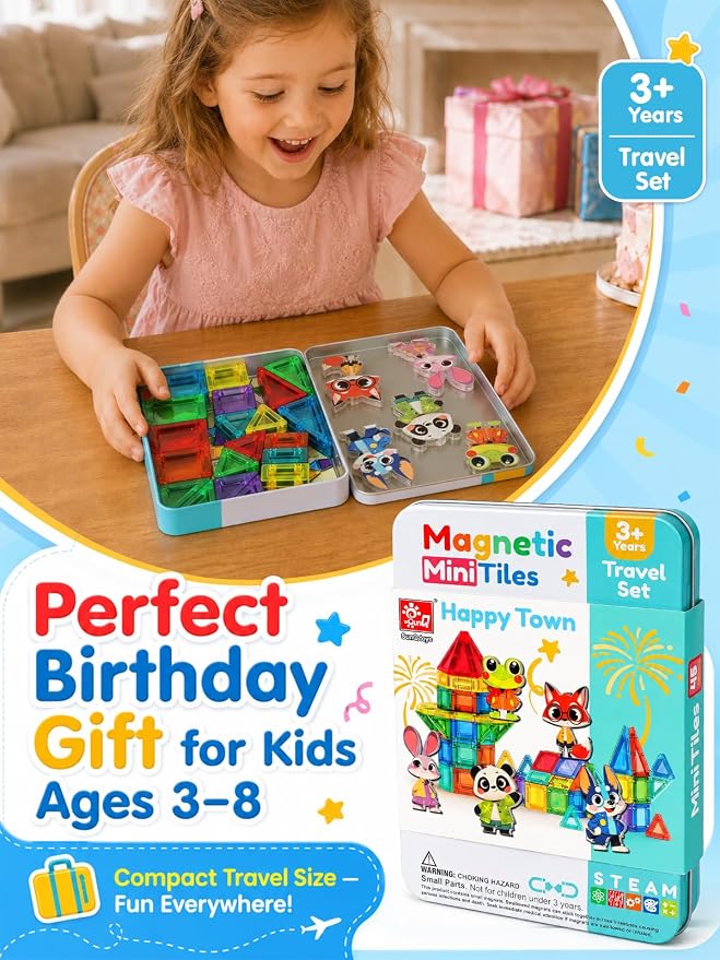 45PCS Mini Magnetic Tiles for Kids Ages 3-8, Travel Magnetic Building Blocks Set with 5 Cartoon Animal Figures, STEM Toys for Boys Girls, Portable Tin Case, Rabbit Panda Frog Fox Wolf